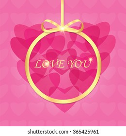 Background with hearts for Valentine's day.Vector inscription love on a pink background with bokeh and light. Happy Valentines Day Card Design. 