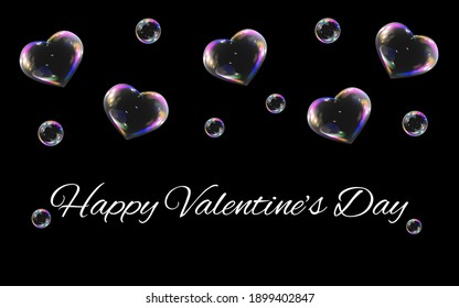 A background of heart-shaped soap bubbles and text for Valentine's Day. Vector illustration. Suitable for postcards and backgrounds
