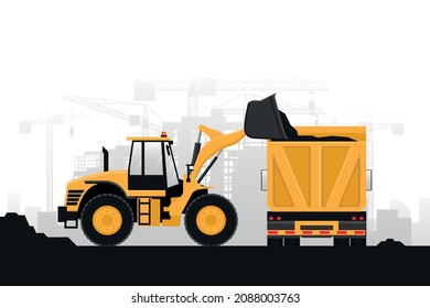 Background of heavy machinery in construction work with front loader and truck with rear view on gray background