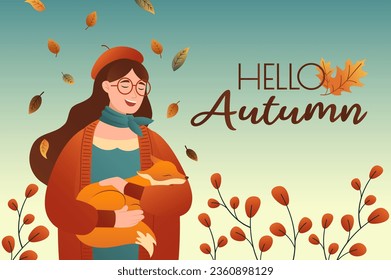 Background hello autumn in a cartoon design. The girl with her cat is ready to meet the cozy season - autumn. Vector illustration.