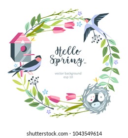 background hello spring summer floral with birdhouse, nest, swallow, eggs