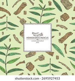 Background with hemidesmus indicus: hemidesmus indicus root, plant and leaves. Indian sarsaparilla. Cosmetic and medical plant. Vector hand drawn illustration