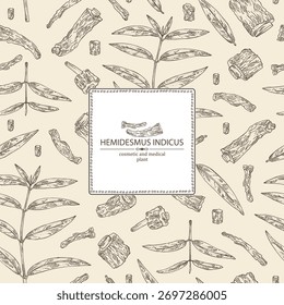 Fundo com hemidesmus indicus: hemidesmus indicus raiz, planta e folhas. Sarsaparilla indiana. Planta cosmética e médica. Ilustração desenhada à mão vetorial