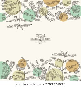 Background with hemidesmus indicus: hemidesmus indicus root, plant and leaves. Indian sarsaparilla. Cosmetic and medical plant. Vector hand drawn illustration