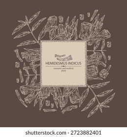 Antecedentes con hemidesmus indicus: hemidesmus indicus raíz, planta y hojas. Zarzaparrilla india. Planta cosmética y médica. Vector dibujado a mano ilustración