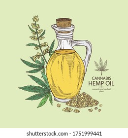 Background with hemp, cannabis and bottle of cannabis oil. Vector hand drawn illustration