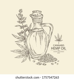 Background with hemp, cannabis and bottle of cannabis oil. Vector hand drawn illustration