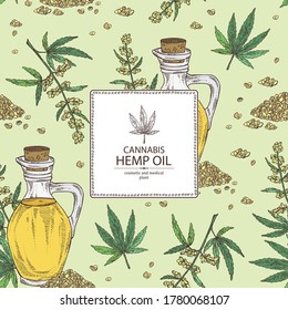 Background with hemp, cannabis and bottle of cannabis oil. Vector hand drawn illustration