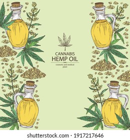 Background with hemp, cannabis and bottle of cannabis oil. Vector hand drawn illustration