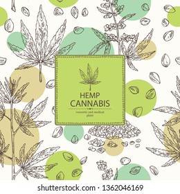 Background with hemp: cannabis seeds and plant. Superfood. Cosmetic and medical plant. Vector hand drawn illustration