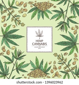 Background with hemp: cannabis seeds and plant. Superfood. Cosmetic and medical plant. Vector hand drawn illustration