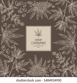 Background with hemp: cannabis seeds and plant. Superfood. Cosmetic and medical plant. Vector hand drawn illustration