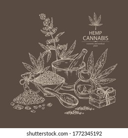 Background with hemp leaves, cannabis plant and seeds, leaves, soap and bath salt . Cosmetic and medical plant. Vector hand drawn illustration. 