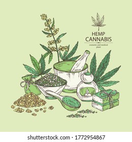 Background with hemp leaves, cannabis plant and seeds, leaves, soap and bath salt . Cosmetic and medical plant. Vector hand drawn illustration. 