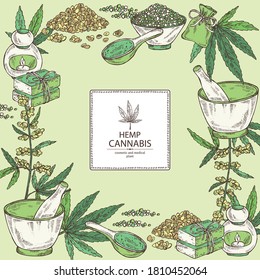 Background with hemp leaves, cannabis plant and seeds, leaves, soap and bath salt . Cosmetic and medical plant. Vector hand drawn illustration. 