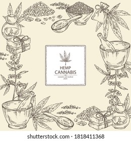 Background with hemp leaves, cannabis plant and seeds, leaves, soap and bath salt . Cosmetic and medical plant. Vector hand drawn illustration. 