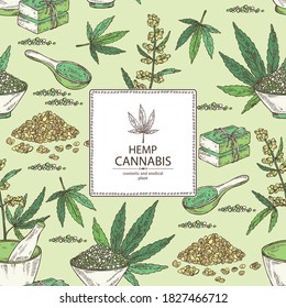 Background with hemp leaves, cannabis plant and seeds, leaves, soap and bath salt . Cosmetic and medical plant. Vector hand drawn illustration. 