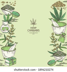 Background with hemp leaves, cannabis plant and seeds, leaves, soap and bath salt . Cosmetic and medical plant. Vector hand drawn illustration. 