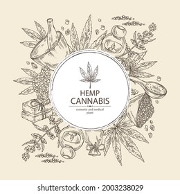Background with hemp leaves, cannabis plant and seeds, leaves, soap and bath salt . Cosmetic and medical plant. Vector hand drawn illustration. 