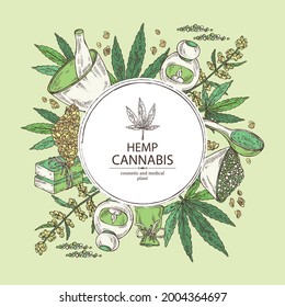 Background with hemp leaves, cannabis plant and seeds, leaves, soap and bath salt . Cosmetic and medical plant. Vector hand drawn illustration. 