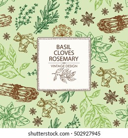Background with herbs and spice. Bay leaf, thyme, clover, basil, dill, stars anise, cinnamon. hand drawn 