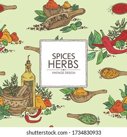 Background with herbs and spice. Vector hand drawn illustration.