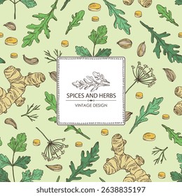 Background with herbs and spices: arugula, turmeric root, parsley leaves, azhgon, indian cumin. Vector hand drawn illustration.