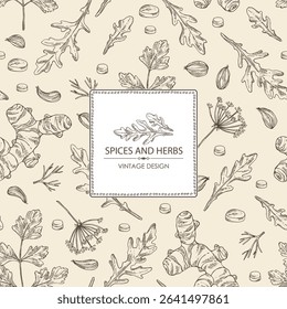 Background with herbs and spices: arugula, turmeric root, parsley leaves, azhgon, indian cumin. Vector hand drawn illustration.