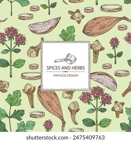 Background with herbs and spices: clove tree, parsley, origanum vulgare, shallot. Vector hand drawn illustration.