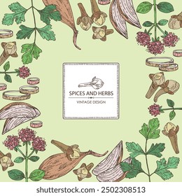 Background with herbs and spices: clove tree, parsley, origanum vulgare, shallot. Vector hand drawn illustration.