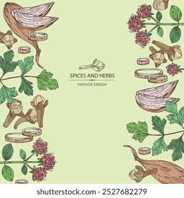 Fundo com ervas aromáticas e especiarias: cravo-da-índia, salsa, origanum vulgare, chalota. Ilustração desenhada à mão vetorial.