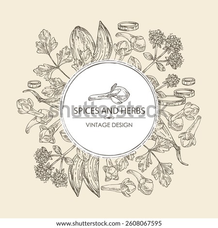 Background with herbs and spices: clove tree, parsley, origanum vulgare, shallot. Vector hand drawn illustration.