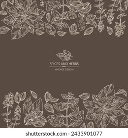 Background with herbs and spices: flowers of thyme, perilla, tulasi, holy basil, azhgon seeds. Vector hand drawn illustration.