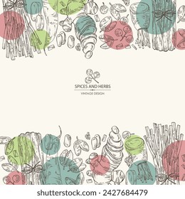 Background with herbs and spices: ginger, sichuan pepper, daikon and lemongrass. Vector hand drawn illustration.