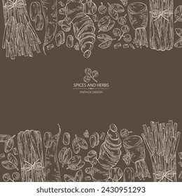 Background with herbs and spices: ginger, sichuan pepper, daikon and lemongrass. Vector hand drawn illustration.