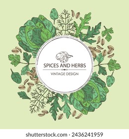 Background with herbs and spices: leaves and arugula, spinach, dill leaves and seeds and parsley. Vector hand drawn illustration.