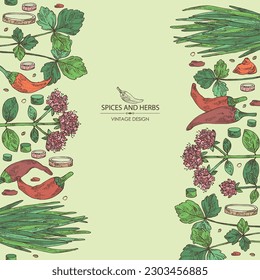 Background with herbs and spices: leaves and flowers of origanum vulgare, shallot, cayenne pepper and cryptotaenia japonica. Vector hand drawn illustration.