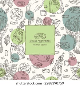 Background with herbs and spices: perilla, bamboo shoots,  lotus root and bok choy. Vector hand drawn illustration.