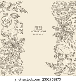 Background with herbs and spices: perilla, bamboo shoots,  lotus root and bok choy. Vector hand drawn illustration.