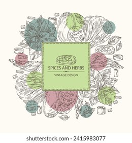 Background with herbs and spices: perilla, bamboo shoots,  lotus root and bok choy. Vector hand drawn illustration.