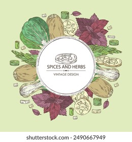 Background with herbs and spices: perilla, bamboo shoots,  lotus root and bok choy. Vector hand drawn illustration.