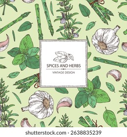 Background with herbs and spices: rosemary, garlic, basil, asparagus. Vector hand drawn illustration.
