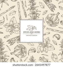 Background with herbs and spices: rosemary, garlic, basil, asparagus. Vector hand drawn illustration.