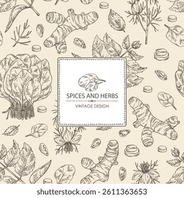 Background with herbs and spices: turmeric root, nigella sativa, spinach, perilla. Vector hand drawn illustration.