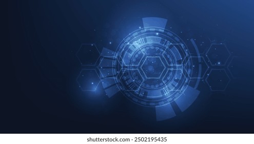 Fondo del círculo geométrico hexagonal en el patrón azul oscuro brillante. fondo médico y de tecnología de la salud. Diseño gráfico de concepto de ciencia digital.	