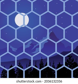 background with hexagons. landscape with mountains. night landscape with mountains