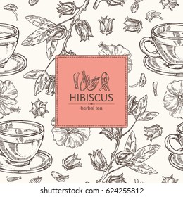 Background with hibiscus and cup of tea. Herbal tea. hand drawn,