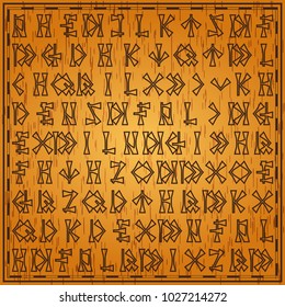 Background with hieroglyphics. Wooden texture. Vector illustration.