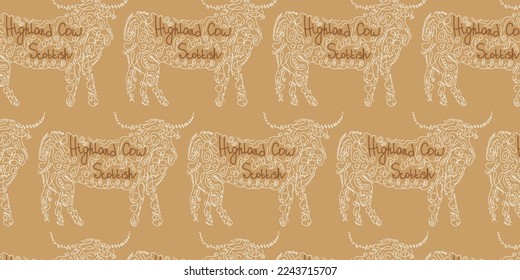 Background Highland Cattle in Silhouette Found In Scottish Highlands with Lettering, Vector illustration.