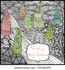 Background with hills, Christmas trees and river 